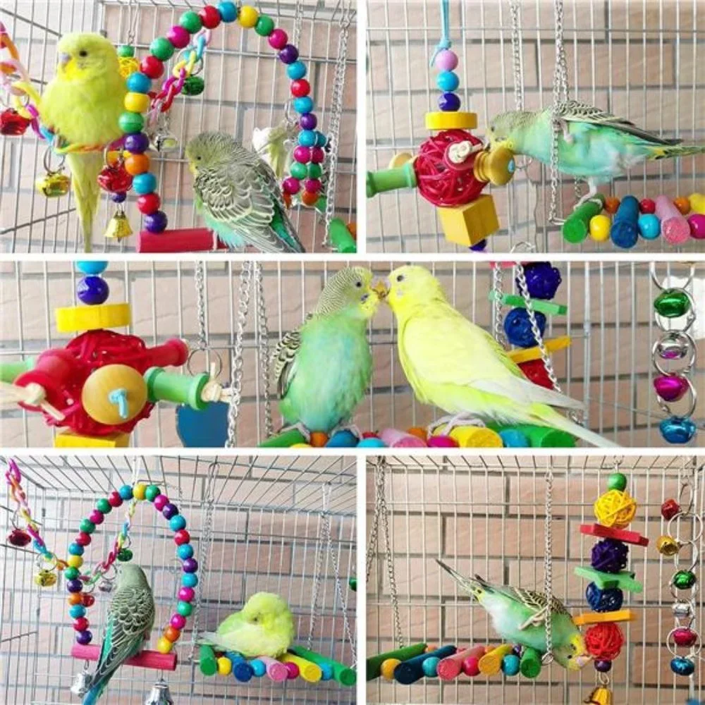 8 Pcs Parakeet Cockatiel Bird Toys, Hanging Bell Pet Bird Cage Hammock Swing Toy